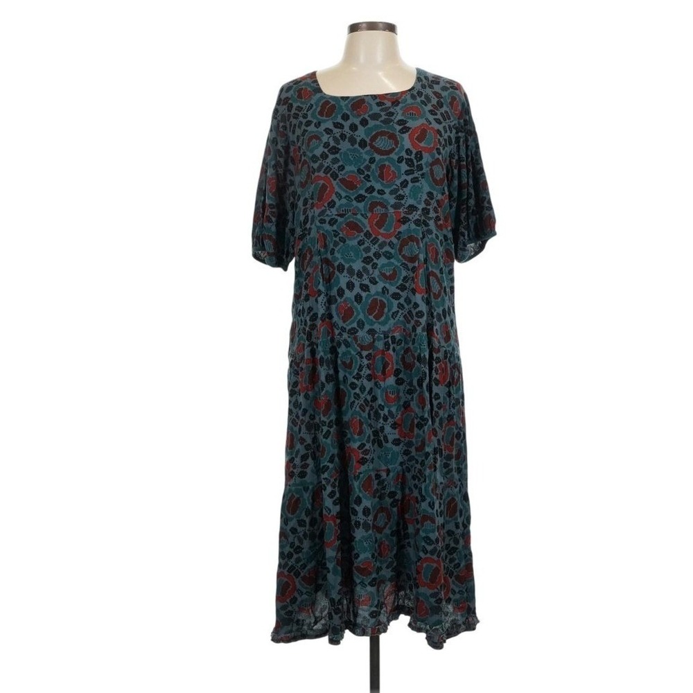 Gudrun Sjoden Dress Women L Green Floral Puff Sleeve Drop Waist Midi Boho - Picture 3 of 10